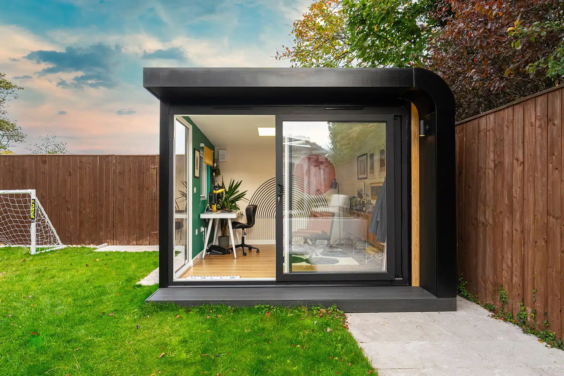 garden office pods with a curved corner design